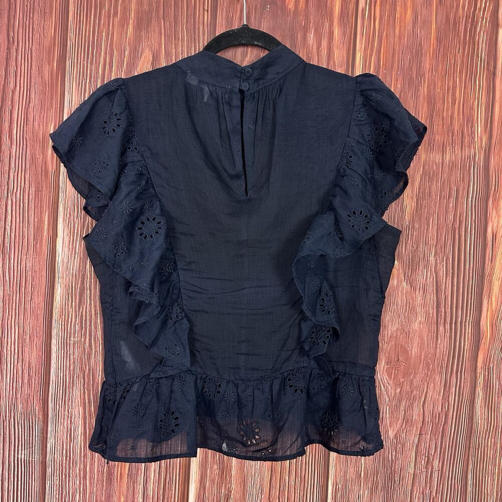FRAME Navy Eyelet Ruffle Sleeve Top Womens Size Small Ramie - Picture 5 of 7